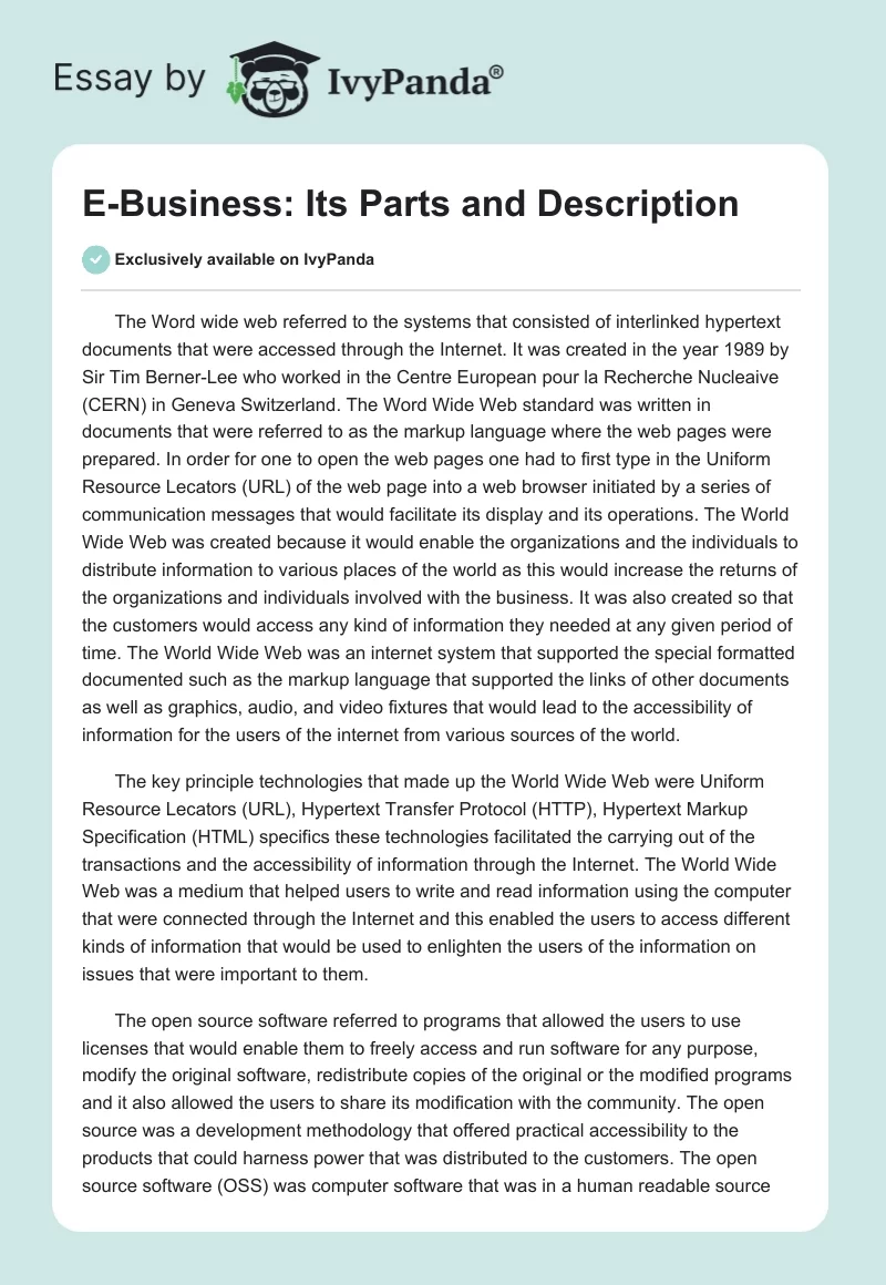 E-Business: Its Parts and Description. Page 1