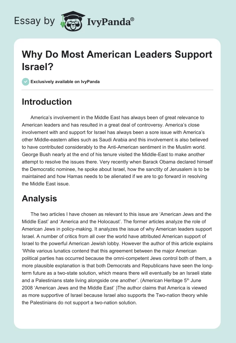 Why Do Most American Leaders Support Israel?. Page 1