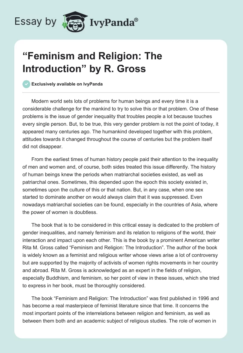 “Feminism and Religion: The Introduction” by R. Gross. Page 1