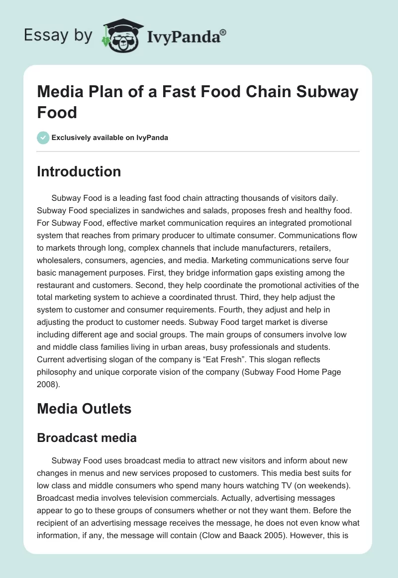 Media Plan of a Fast Food Chain Subway Food. Page 1