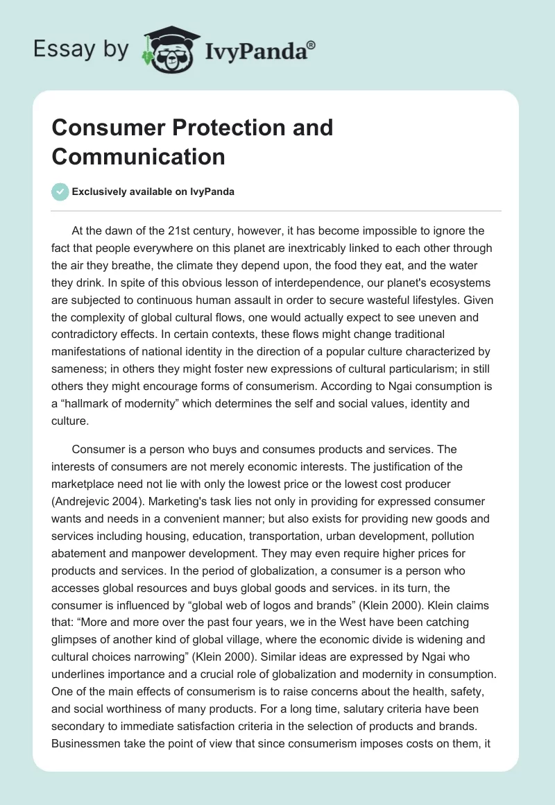 Consumer Protection and Communication. Page 1
