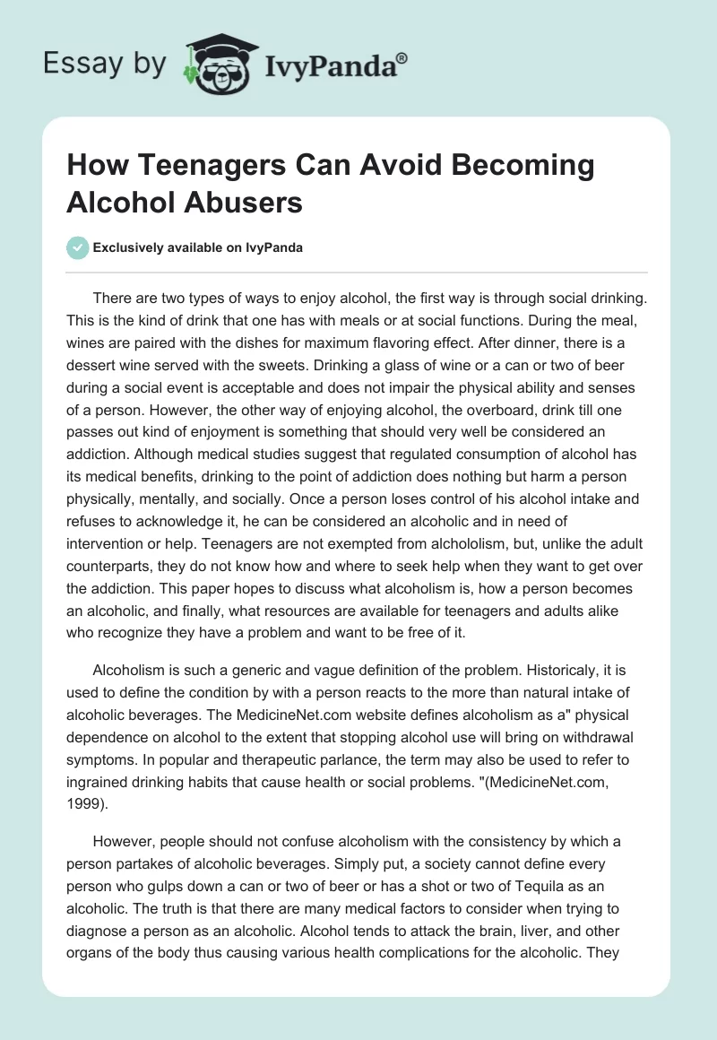 How Teenagers Can Avoid Becoming Alcohol Abusers. Page 1