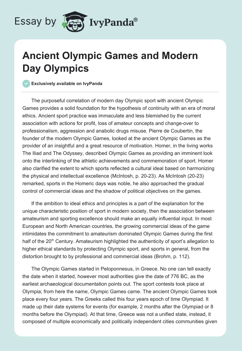 Ancient Olympic Games and Modern Day Olympics. Page 1