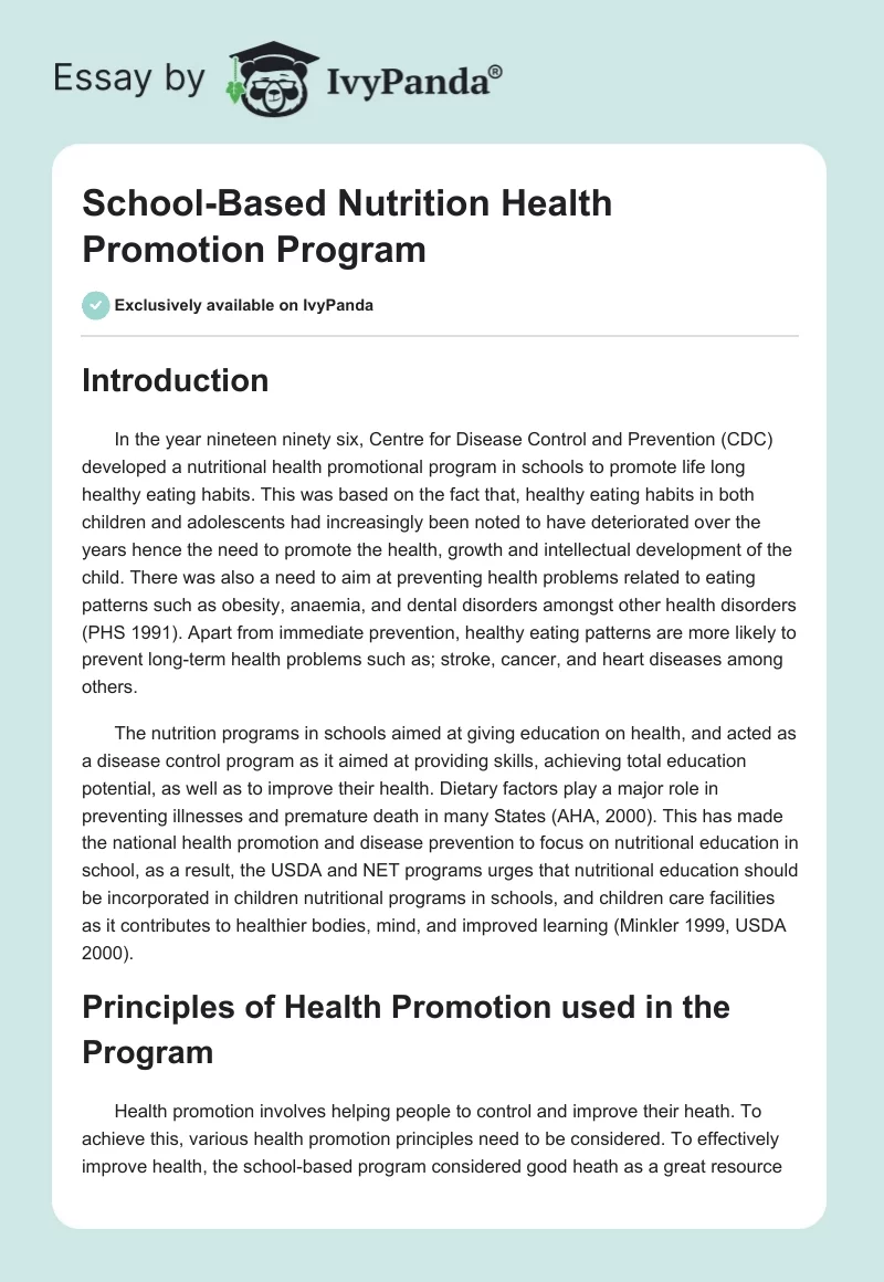 School-Based Nutrition Health Promotion Program. Page 1