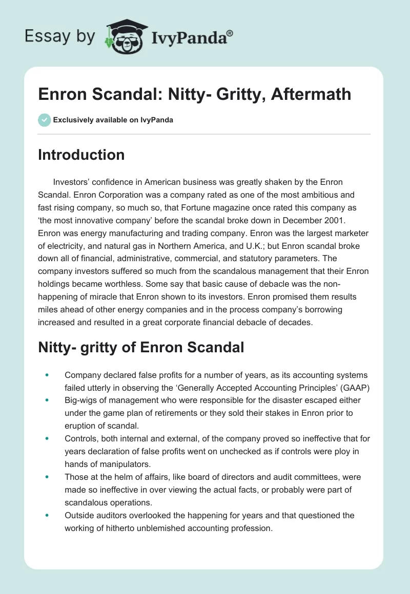 Enron Scandal: Nitty- Gritty, Aftermath. Page 1