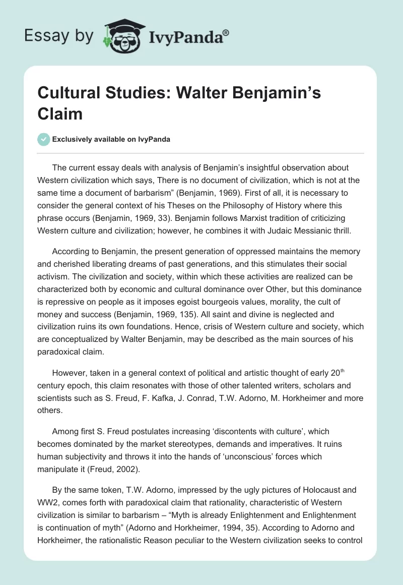 Cultural Studies: Walter Benjamin’s Claim. Page 1