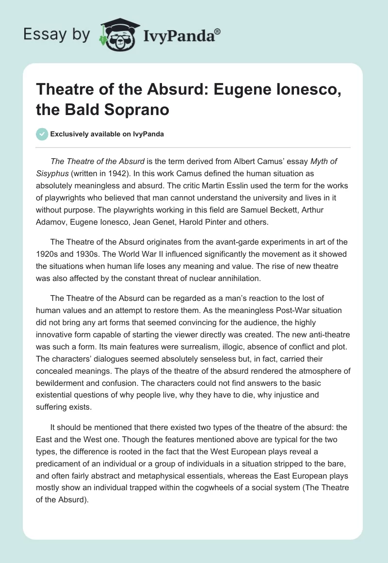 Theatre of the Absurd: Eugene Ionesco, the Bald Soprano. Page 1