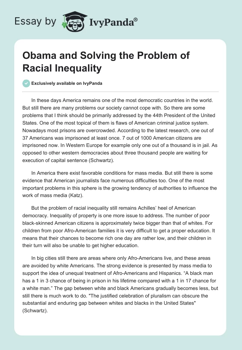 Obama and Solving the Problem of Racial Inequality. Page 1