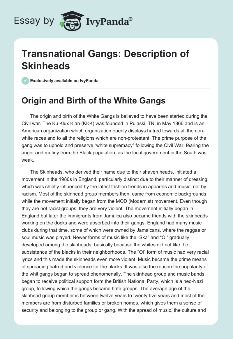 Transnational Gangs: Description of Skinheads. Page 1