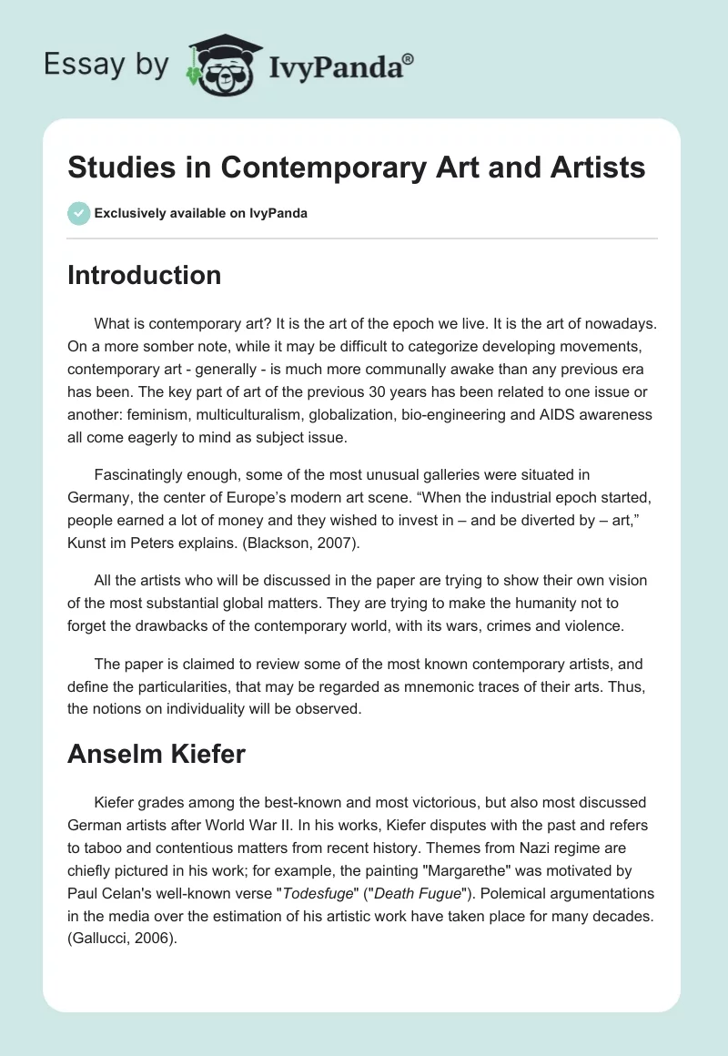 Studies in Contemporary Art and Artists. Page 1