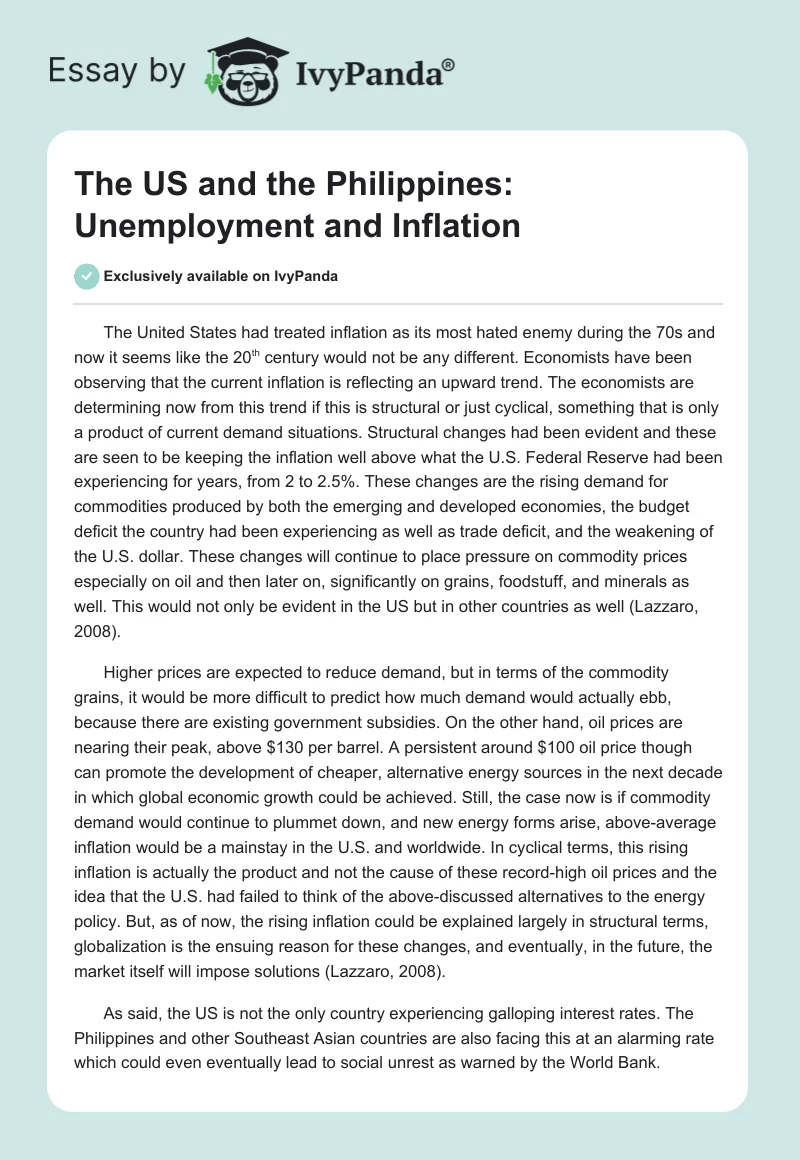 The US and the Philippines: Unemployment and Inflation. Page 1