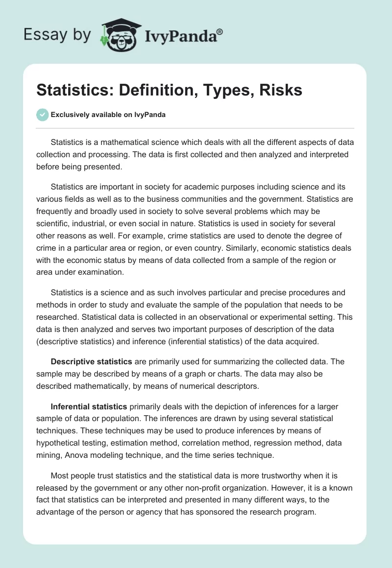Statistics: Definition, Types, Risks. Page 1
