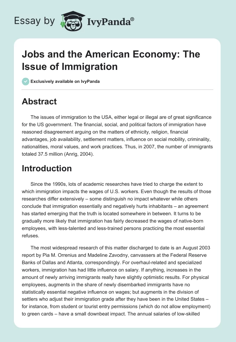 Jobs and the American Economy: The Issue of Immigration. Page 1