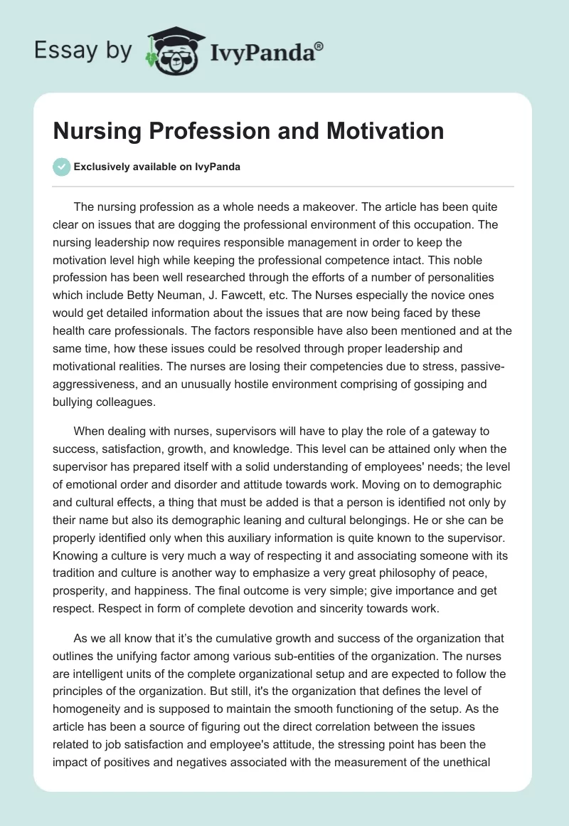 Nursing Profession and Motivation. Page 1