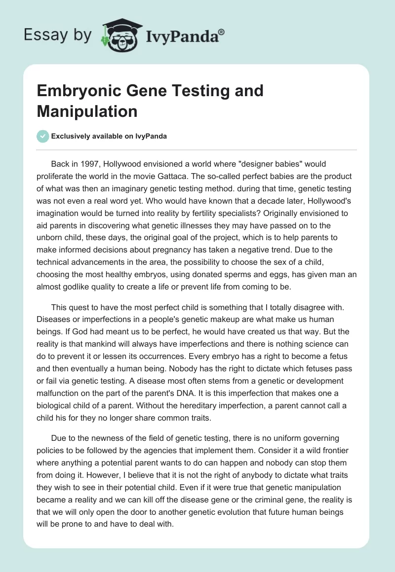 Embryonic Gene Testing and Manipulation. Page 1