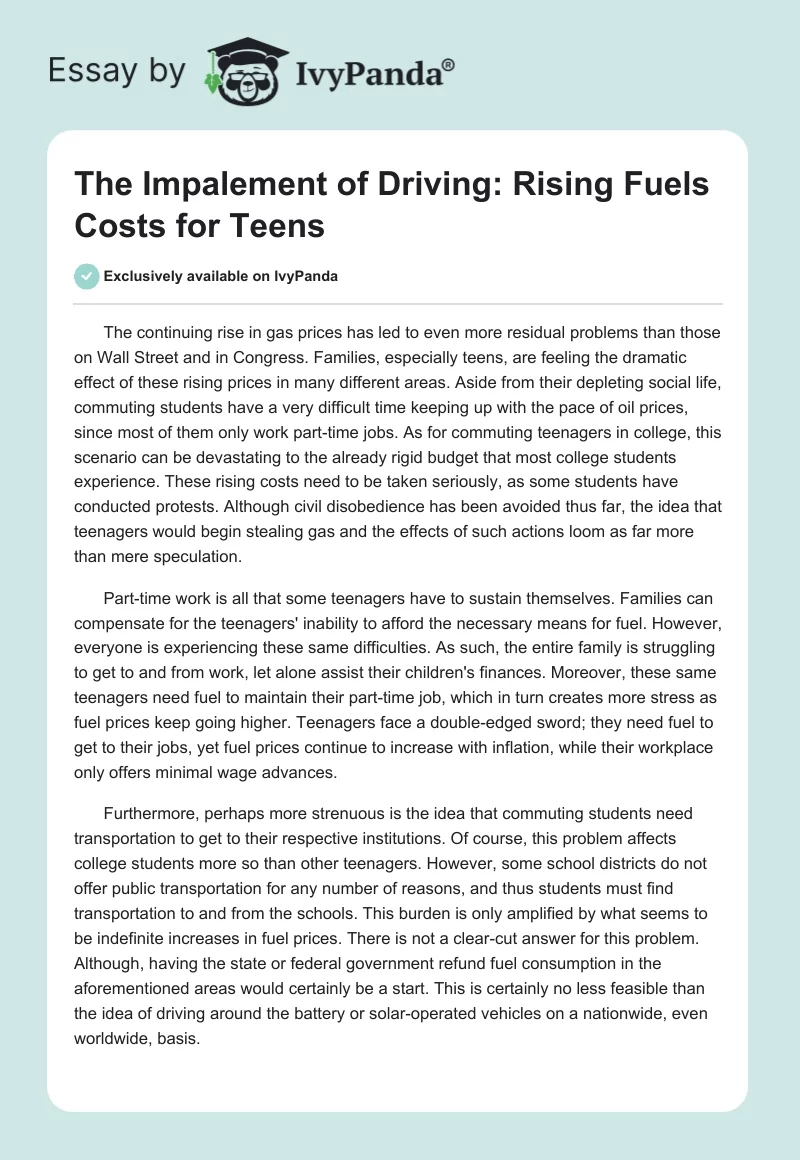 The Impalement of Driving: Rising Fuels Costs for Teens. Page 1