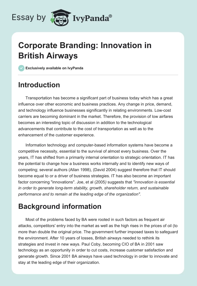 Corporate Branding: Innovation in British Airways. Page 1