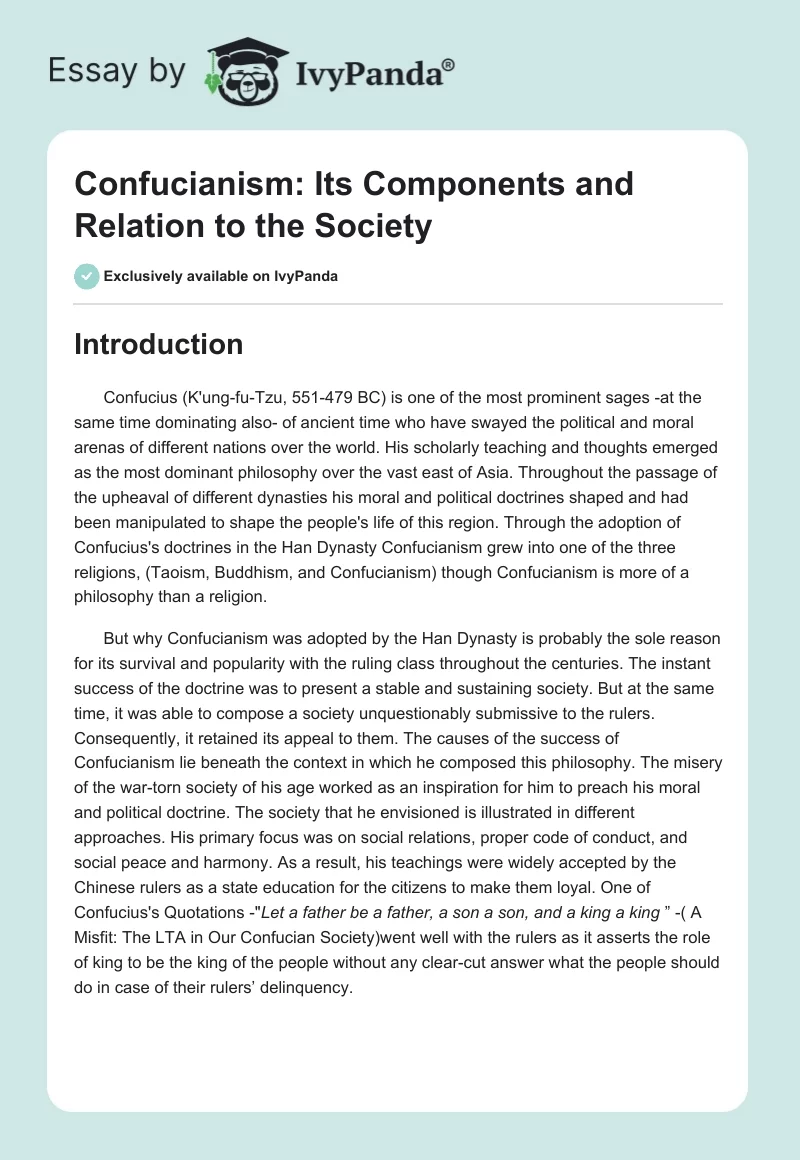 Confucianism: Its Components and Relation to the Society. Page 1
