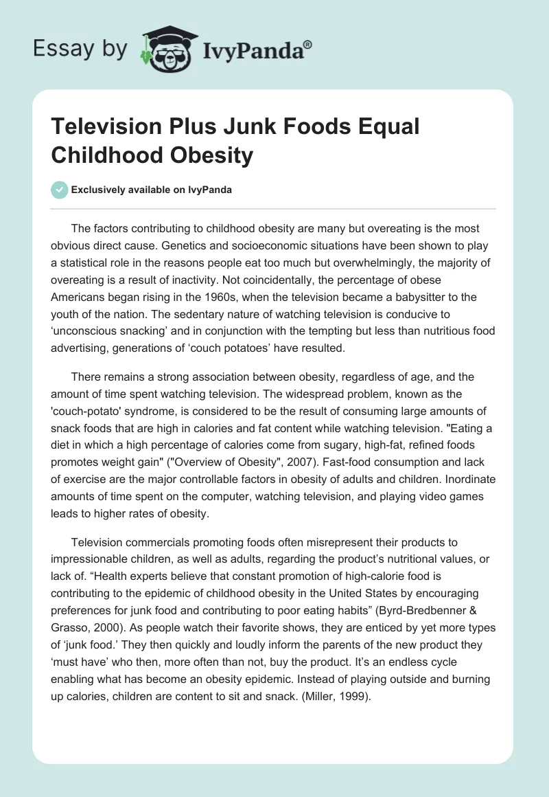 Television Plus Junk Foods Equal Childhood Obesity. Page 1