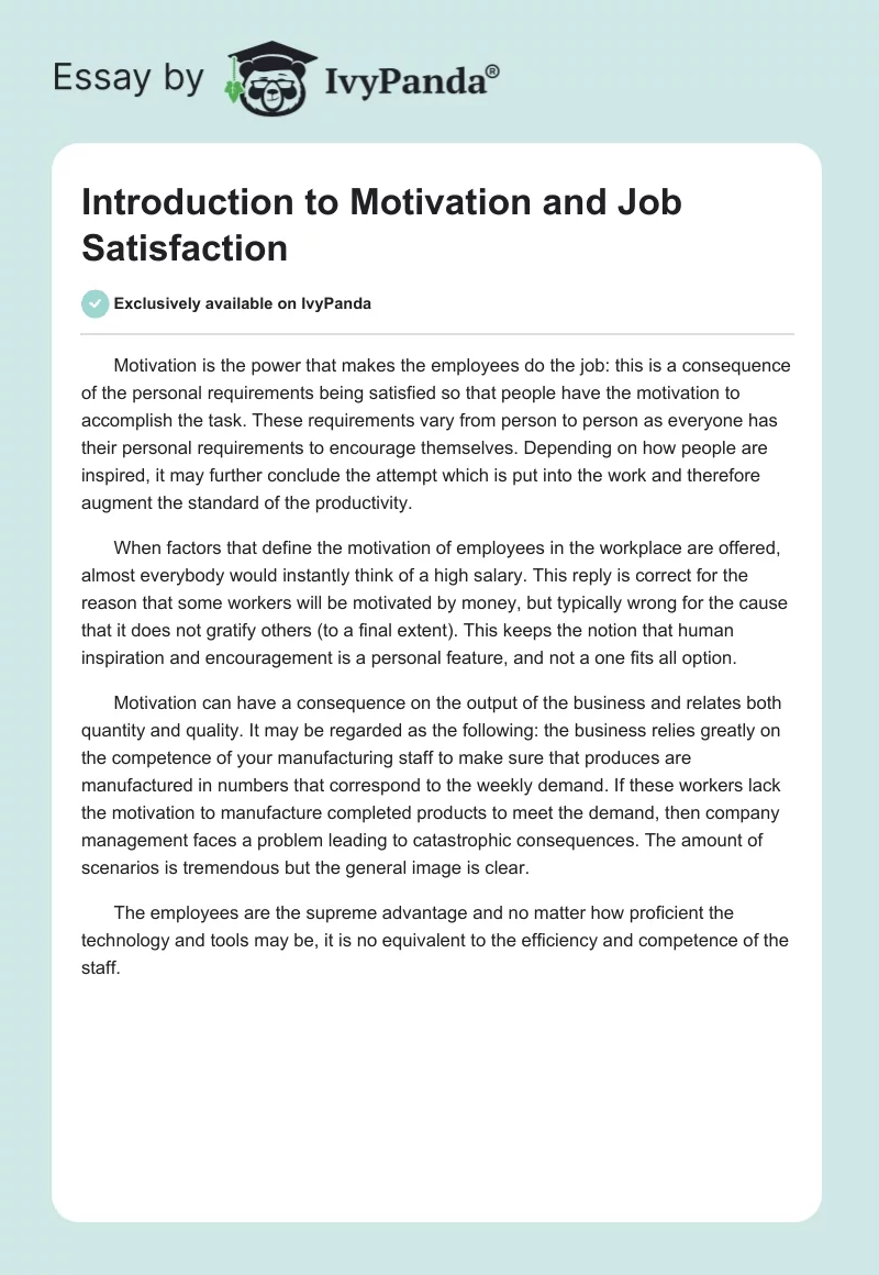 Introduction to Motivation and Job Satisfaction. Page 1