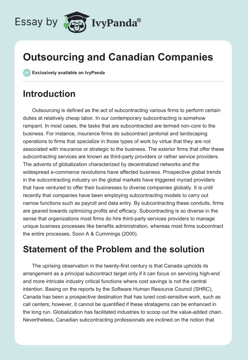 Outsourcing and Canadian Companies. Page 1