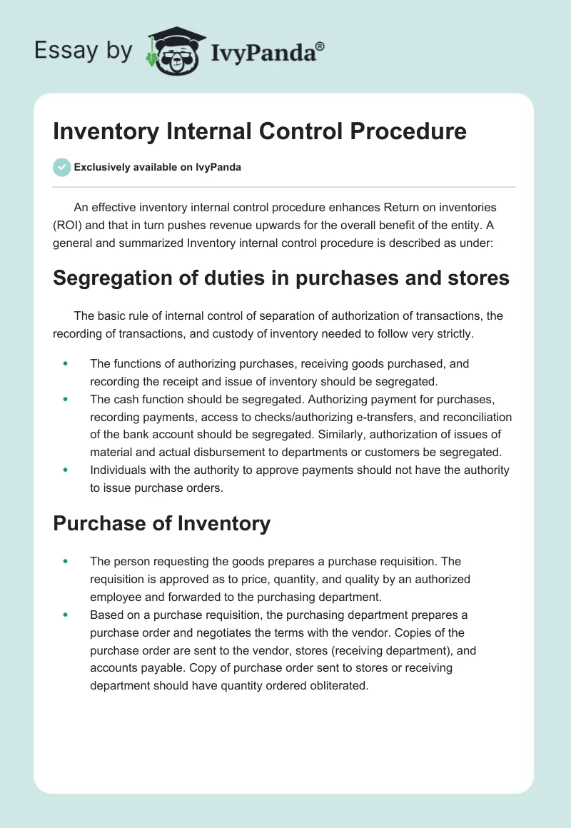 Inventory Internal Control Procedure. Page 1