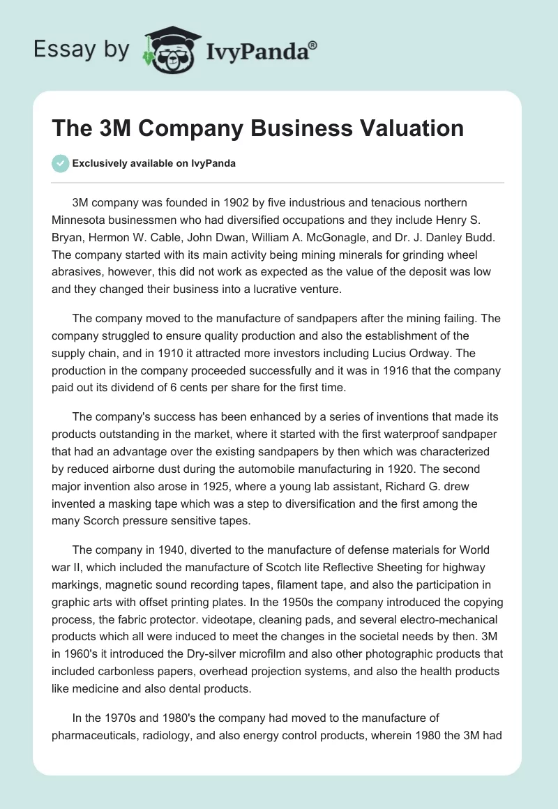 The 3M Company Business Valuation. Page 1