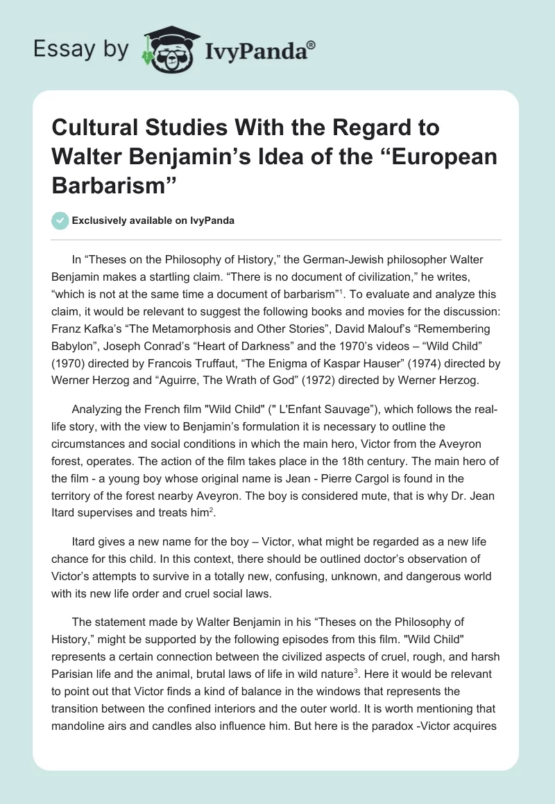 Cultural Studies With the Regard to Walter Benjamin’s Idea of the “European Barbarism”. Page 1