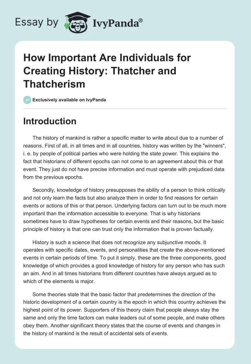 How Important Are Individuals for Creating History: Thatcher and Thatcherism. Page 1