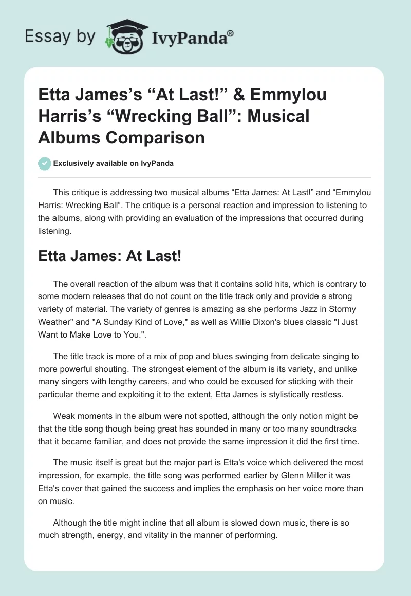 Etta James’s “At Last!” & Emmylou Harris’s “Wrecking Ball”: Musical Albums Comparison. Page 1