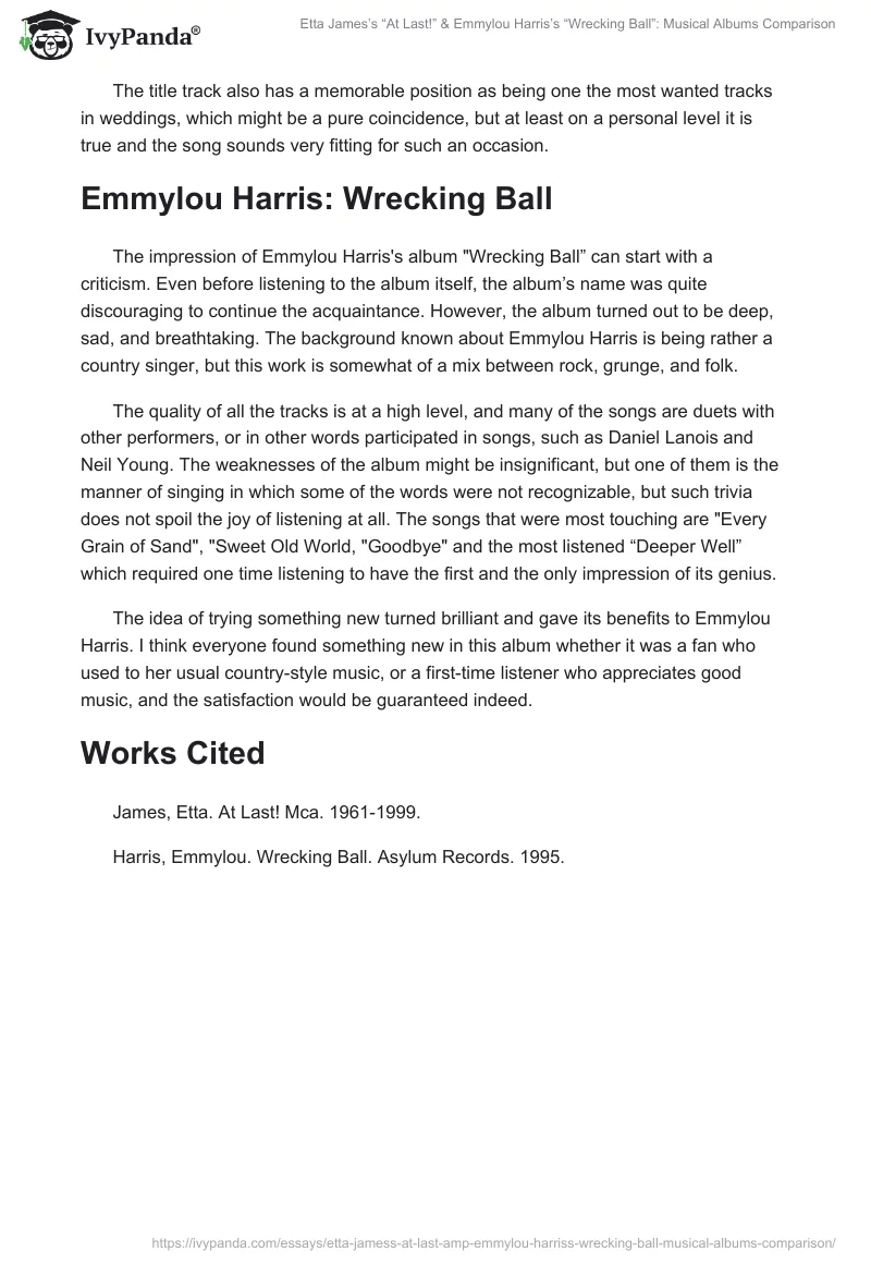 Etta James’s “At Last!” & Emmylou Harris’s “Wrecking Ball”: Musical Albums Comparison. Page 2
