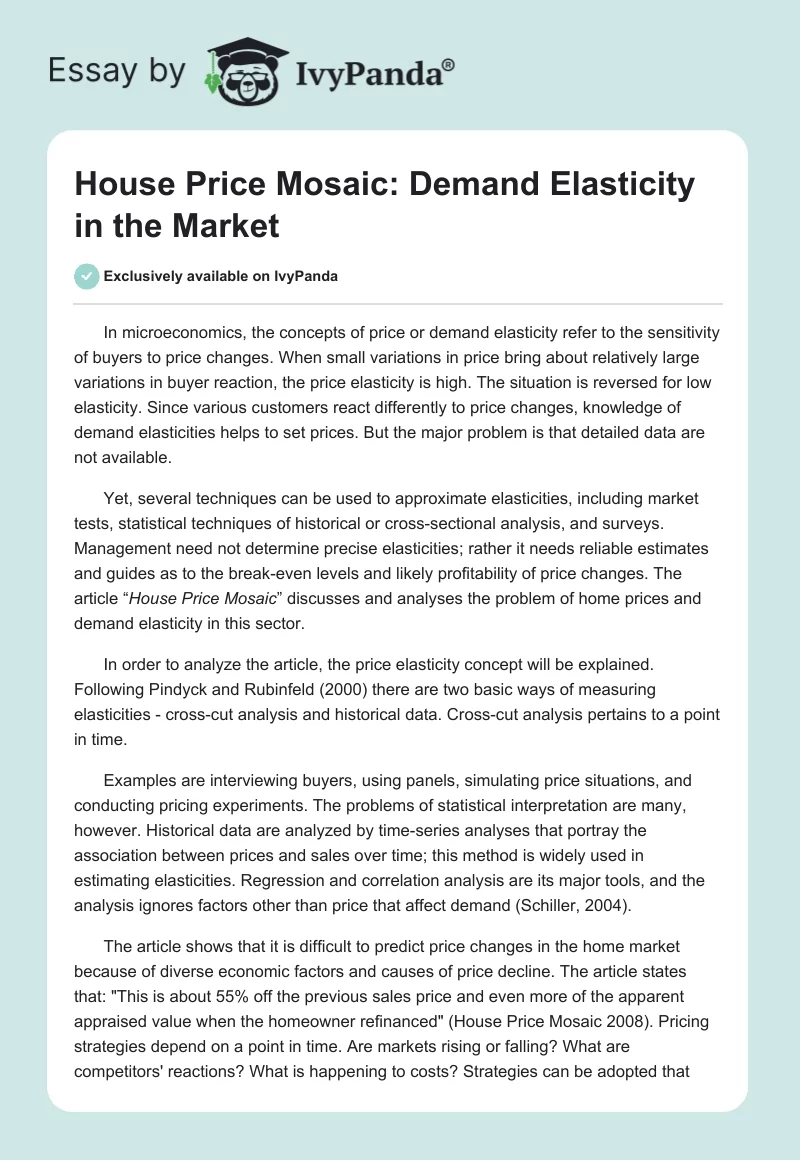 House Price Mosaic: Demand Elasticity in the Market. Page 1
