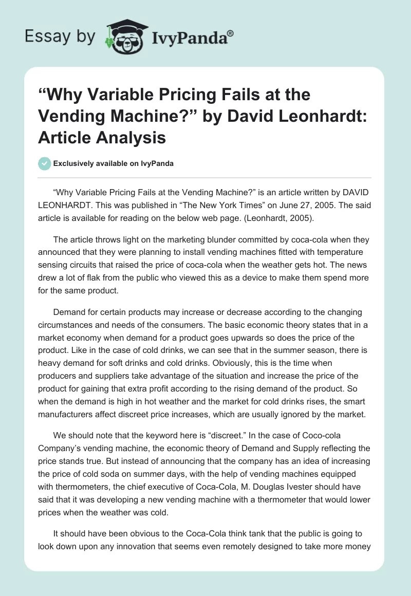 “Why Variable Pricing Fails at the Vending Machine?” by David Leonhardt: Article Analysis. Page 1