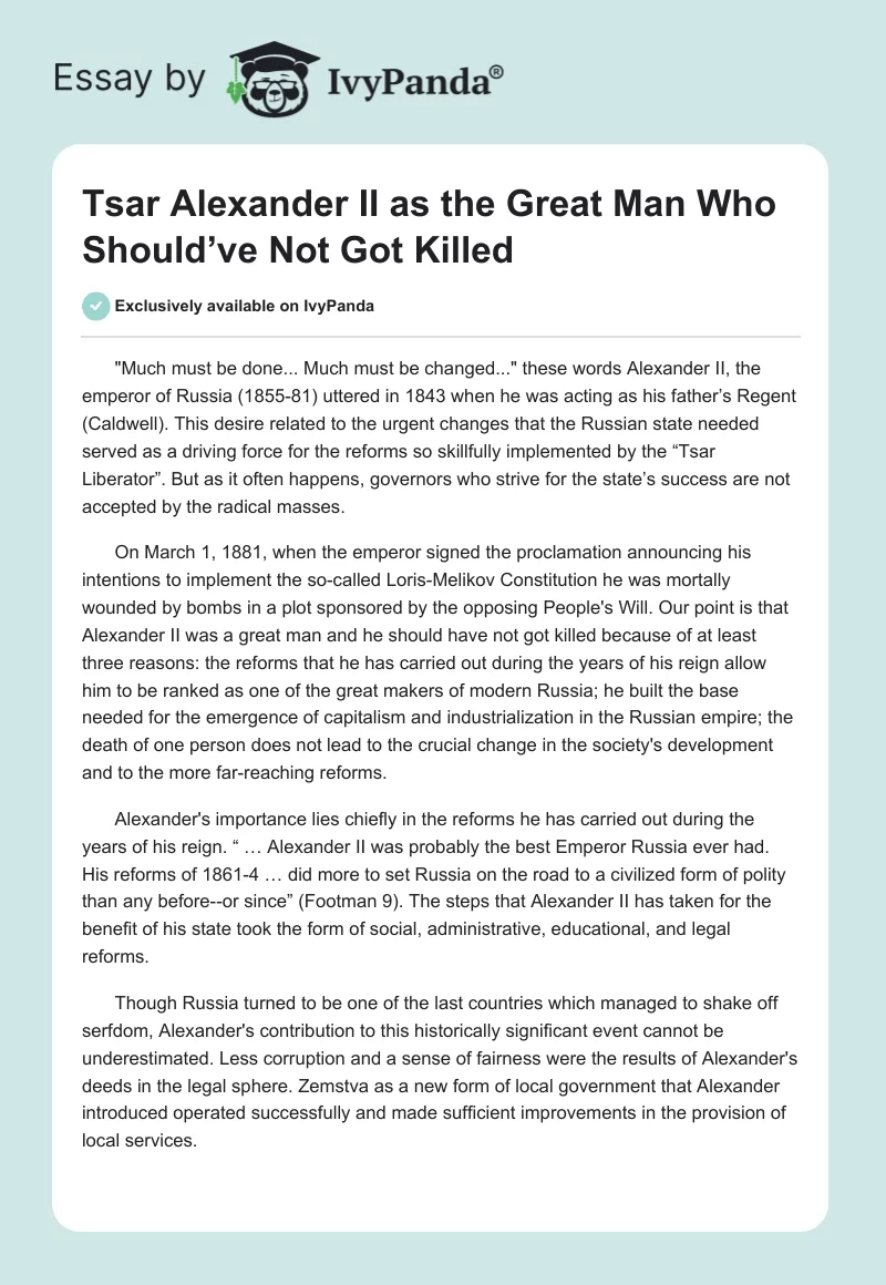 Tsar Alexander II as the Great Man Who Should’ve Not Got Killed. Page 1