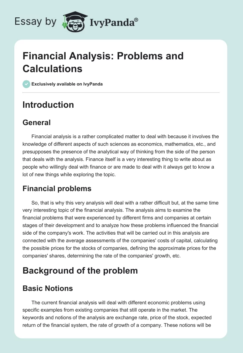 Financial Analysis: Problems and Calculations. Page 1