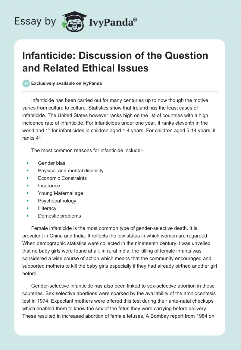 Infanticide: Discussion of the Question and Related Ethical Issues. Page 1