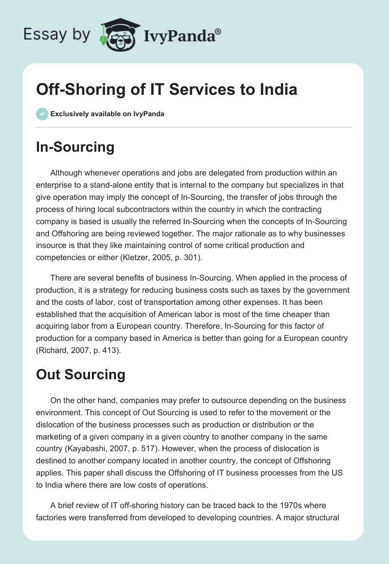 Off-Shoring of IT Services to India. Page 1