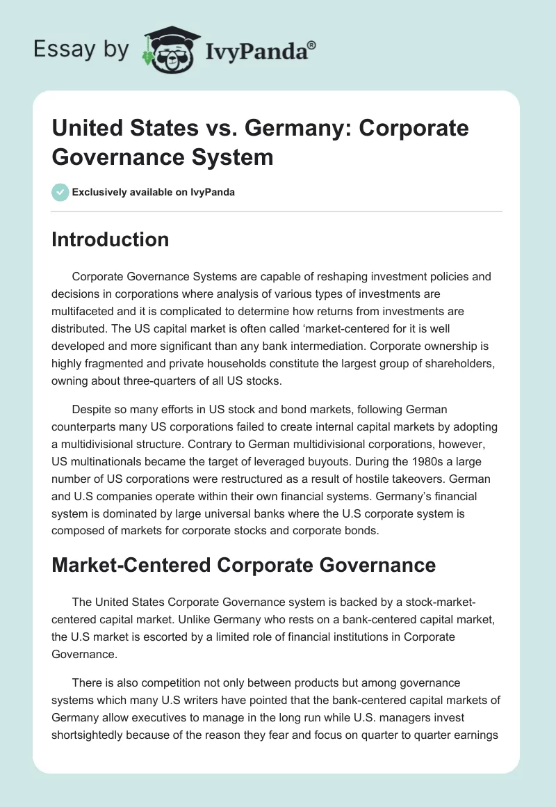 United States vs. Germany: Corporate Governance System. Page 1