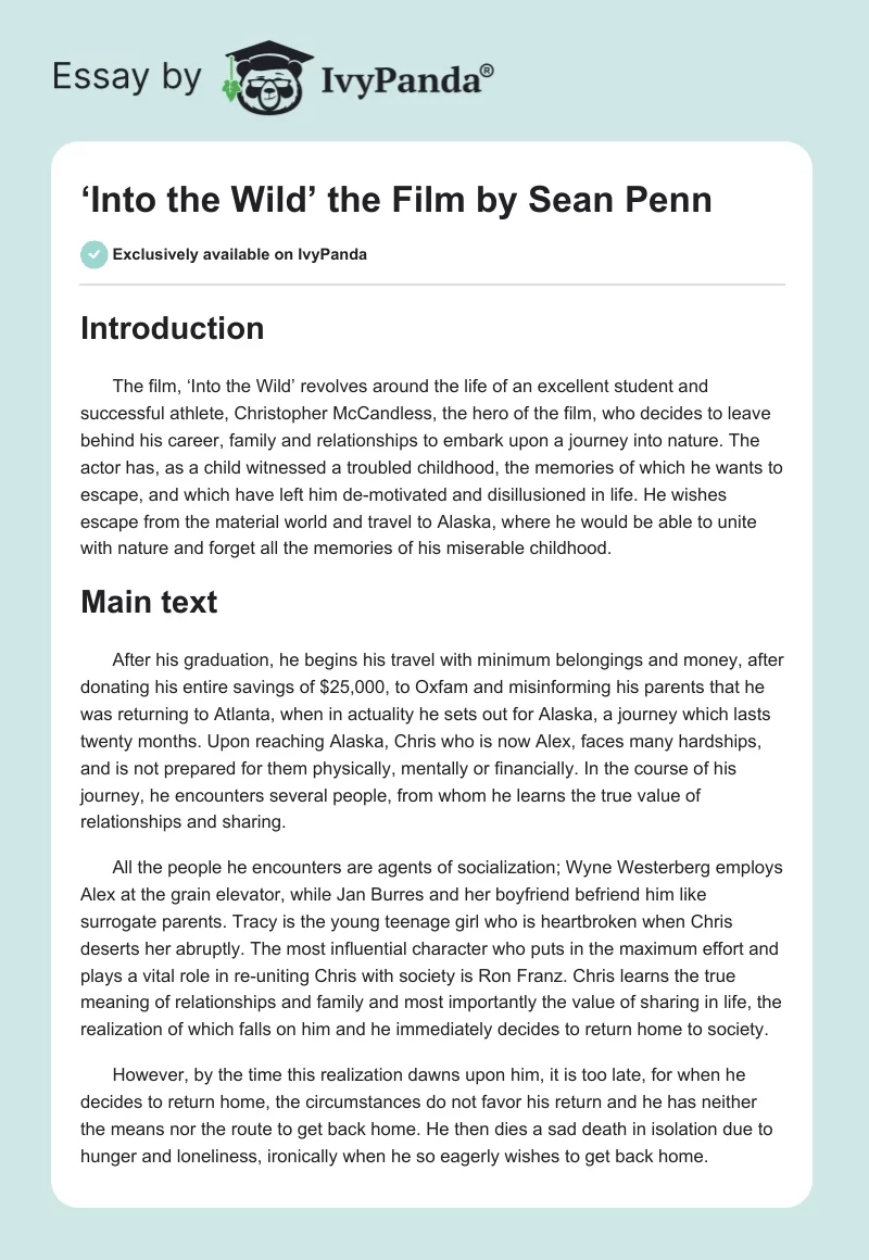 ‘Into the Wild’ the Film by Sean Penn. Page 1