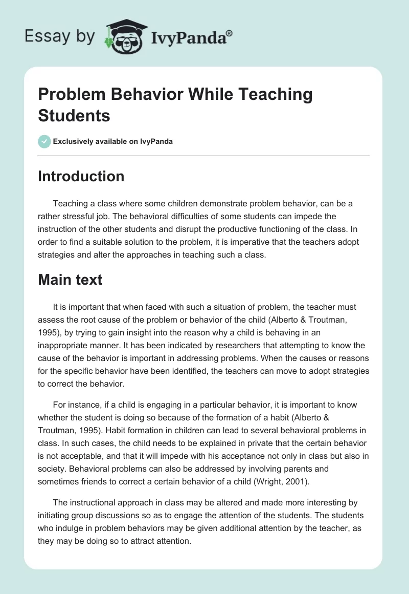 Problem Behavior While Teaching Students. Page 1