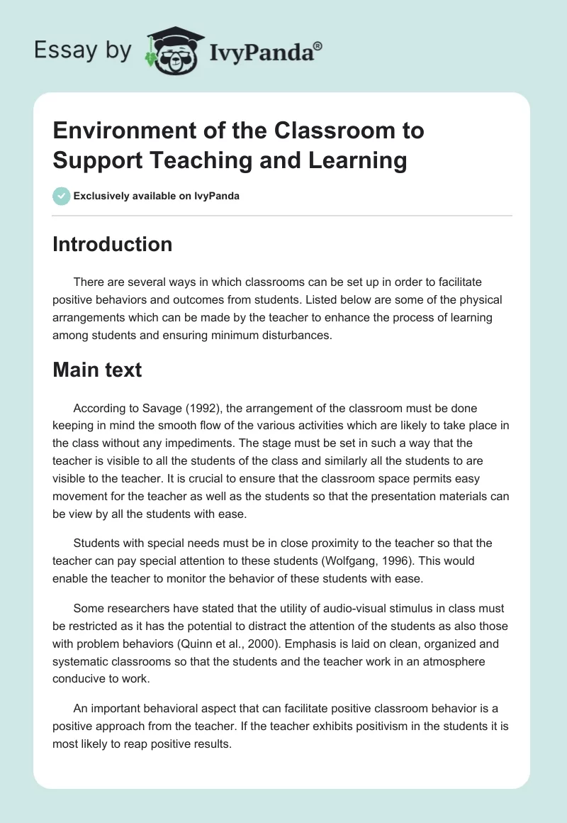 Environment of the Classroom to Support Teaching and Learning. Page 1
