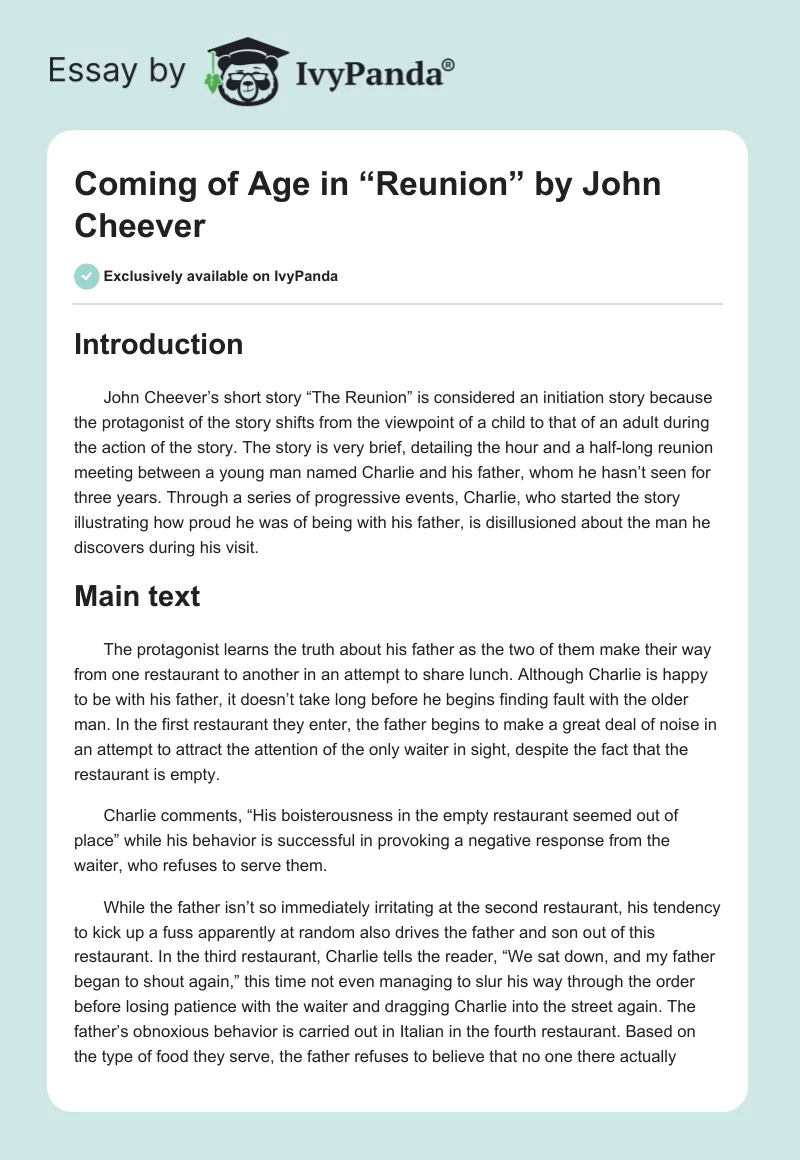Coming of Age in “Reunion” by John Cheever. Page 1