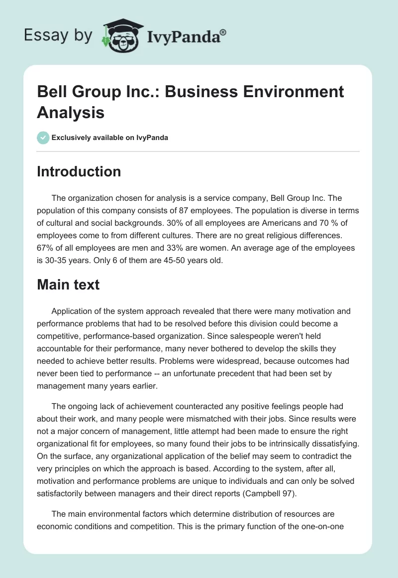 Bell Group Inc.: Business Environment Analysis. Page 1