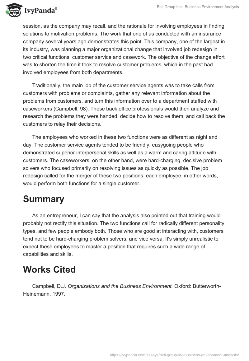 Bell Group Inc.: Business Environment Analysis. Page 2