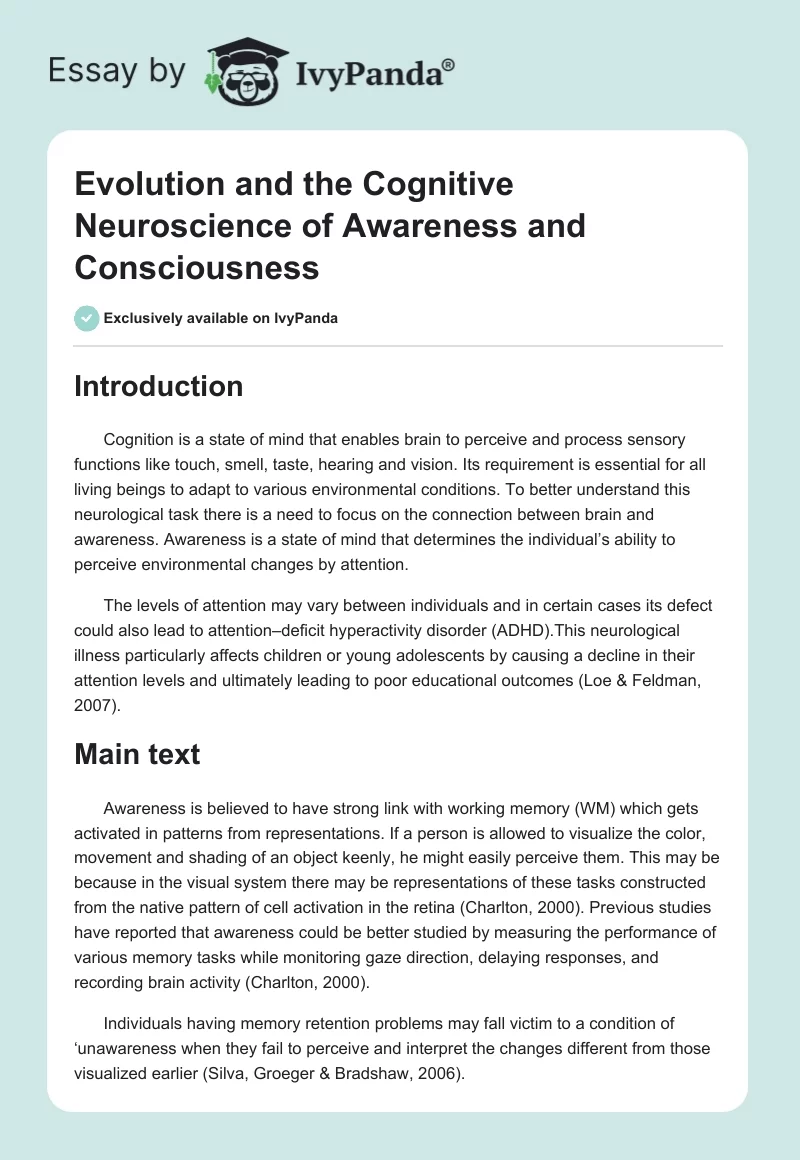 Evolution and the Cognitive Neuroscience of Awareness and Consciousness. Page 1