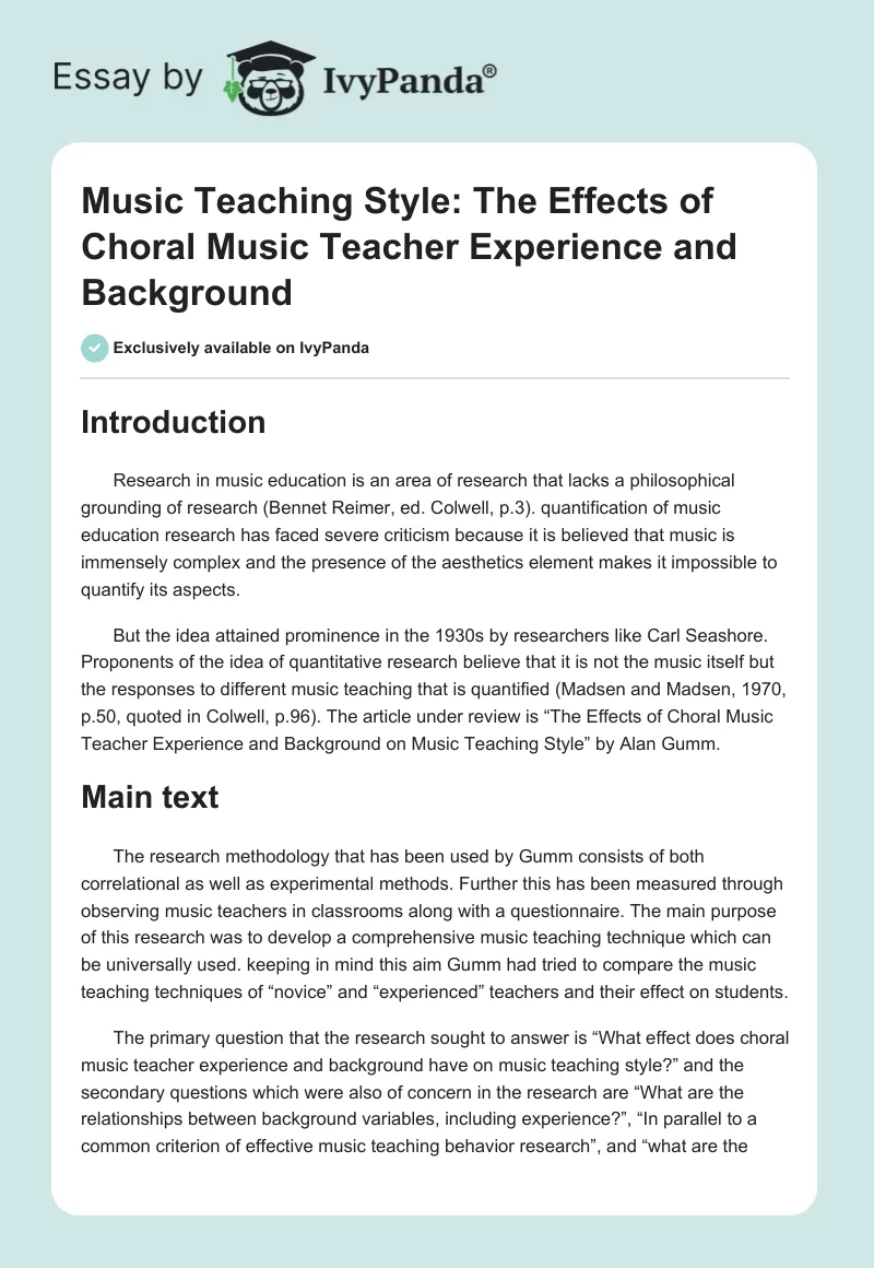 Music Teaching Style: The Effects of Choral Music Teacher Experience and Background. Page 1