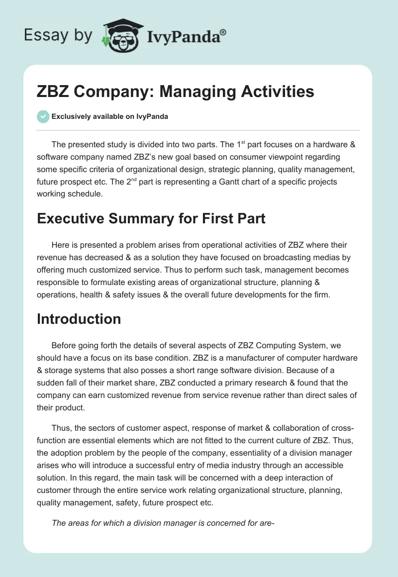 ZBZ Company: Managing Activities. Page 1