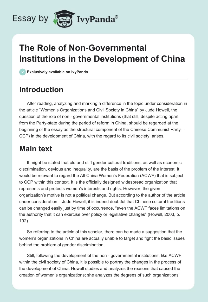 The Role of Non-Governmental Institutions in the Development of China. Page 1
