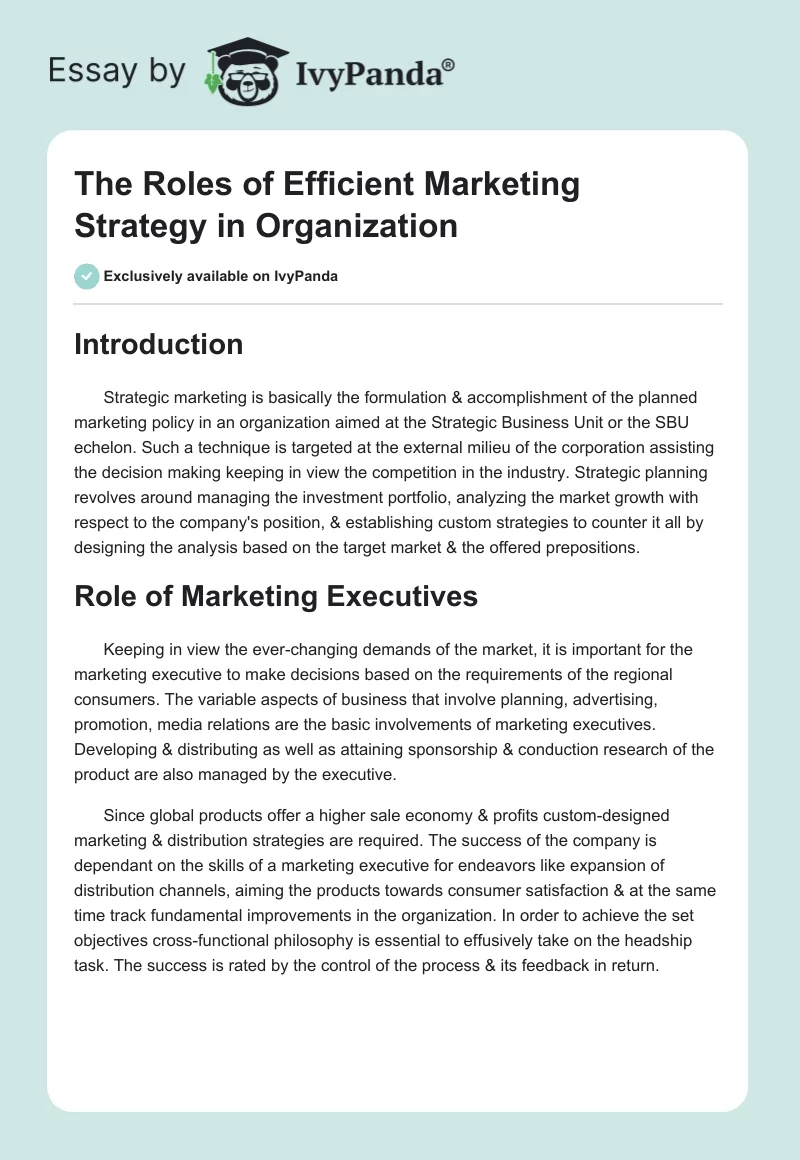The Roles of Efficient Marketing Strategy in Organization. Page 1