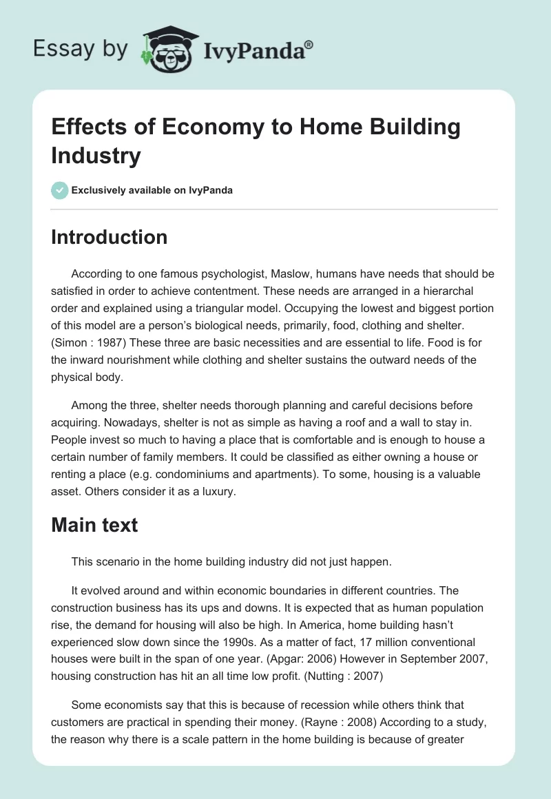 Effects of Economy to Home Building Industry. Page 1